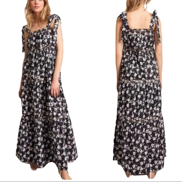 WARM Dress Big Love Floral Tiered Tie Shoulder Maxi Dress Size S Black - Picture 14 of 14